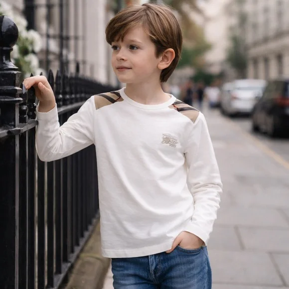 Burberry Kids White Long Sleeve Nova Check Shoulder Tee 10Y / 140 Unisex - Picture 1 of 10